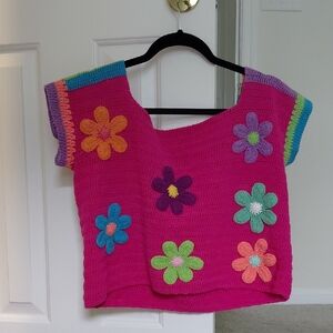 Colorful Floral Crochet Short Sleeve Top
